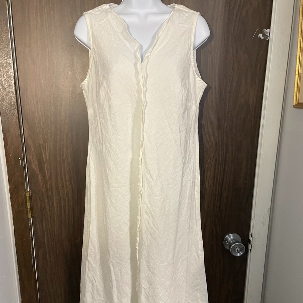 J. Jill White Linen Midi Dress Crisp Cotton Lined Ruffle Front Sleeveless Shift
